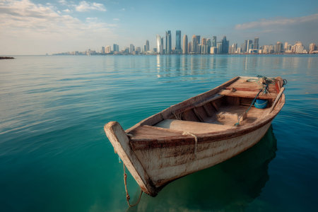 Minimalist photograph of a small boat on a tranquil sea with doha skyline in the background