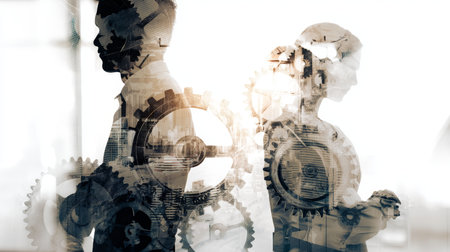 Double exposure of business professionals in modern office with abstract tech and text spaceの写真素材