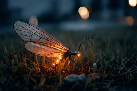 A glowing firefly illuminates the grass at night in a fantasy illustration styleの写真素材