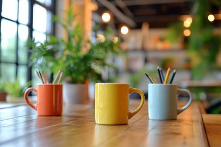 Vibrant coffee mugs and stationery on wooden table in modern office with greenery for banner designの写真素材