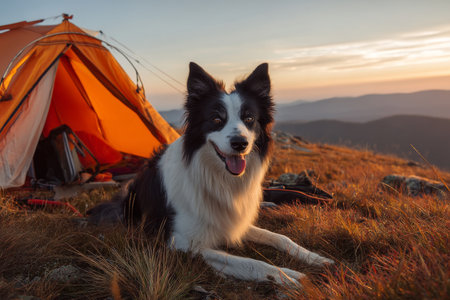 Joyful border collie at sunset by orange tent, embracing the essence of summer camping adventureの写真素材
