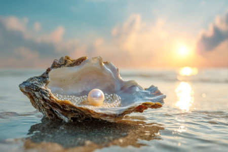 A glowing pearl in an oyster at sunrise  a luxurious seascape of romance and travelの写真素材