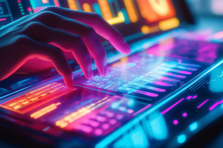 Futuristic workspace  close up of hand on keyboard with vibrant web design and code elements