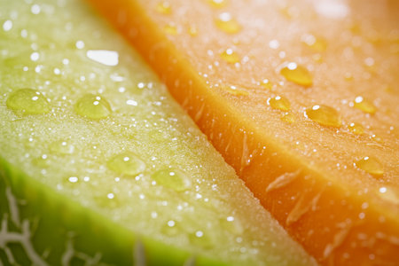 Extreme close up of fresh cantaloupe and honeydew melon slices showcasing vibrant texturesの写真素材