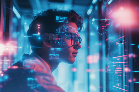 Futuristic digital twin technology concept with young man in data center and floating iconsの写真素材