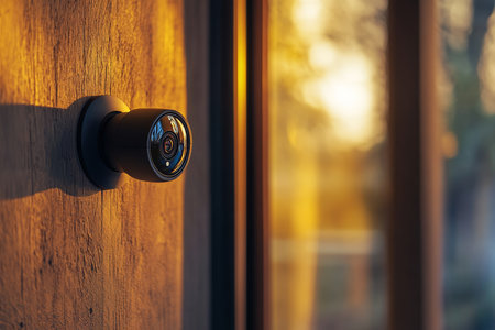 Close up of a sleek black security camera mounted on home wall, illuminated by golden hour lightの写真素材