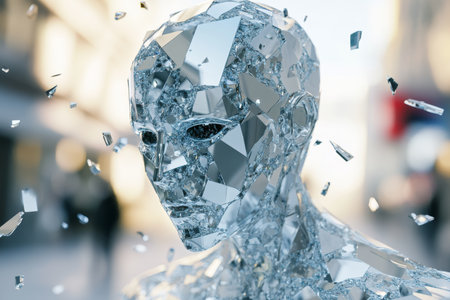 Stunning 3d illustration of a humanoid robot crafted from shattered glass reflecting an urban sceneの写真素材