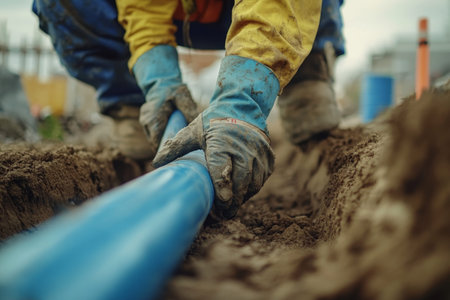 Close up of a construction worker installing blue pipes in a trench with dirty hands and glovesの写真素材