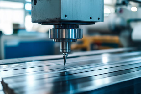 Precision trimming of aluminum window frames on a cnc vertical mill in a modern factory settingの写真素材