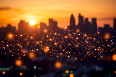 Illuminated digital network background showcasing smart city connectivity at sunset with urban depthの写真素材