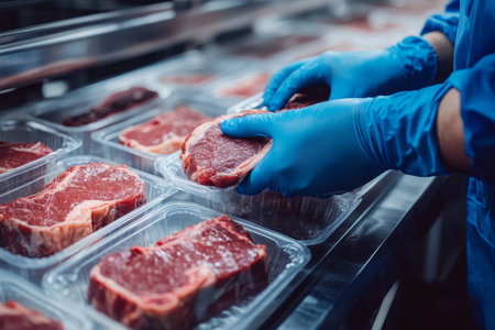 Employee in blue gloves packaging frozen steaks in a meat processing plant environmentの写真素材