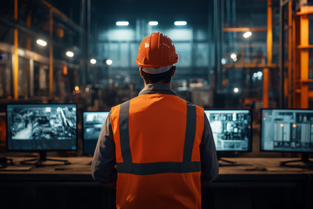 Engineer in safety vest and hard hat stands before monitors in dark warehouse settingの写真素材