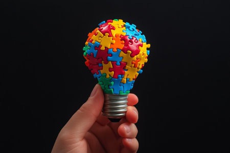 Colorful puzzle piece light bulb in hand against black background symbolizing innovative ideasの写真素材