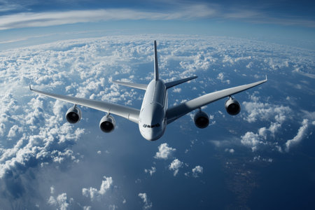 Airbus a380 soars through clear blue skies amidst fluffy white clouds in captivating photograph