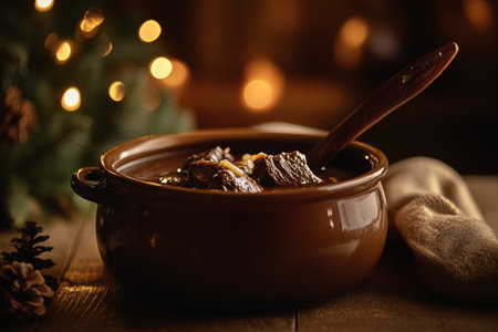 Cozy christmas themed food photography of provencal beef cheeks in a rustic ceramic bowlの写真素材