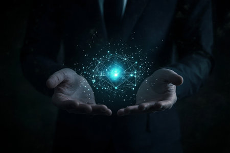 Businessman holding hologram icon and glowing digital elements representing cloud technologyの写真素材