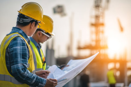 Asian engineers collaborate on construction plans under bright sky with safety gear and blueprintsの写真素材