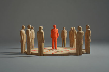 Wooden figures in circle with one red leader  conceptual image of management and community dynamicsの写真素材