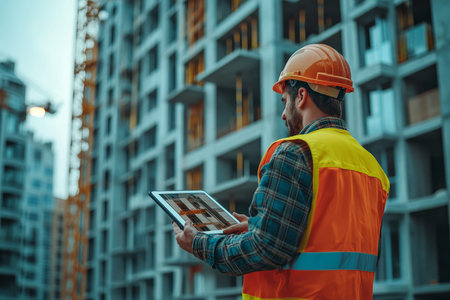 Construction worker with tablet at residential building site  digital tech in urban development