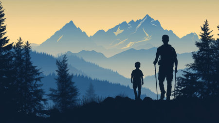 Silhouette of a father and son hiking in the mountains with a detailed scenic backgroundの写真素材
