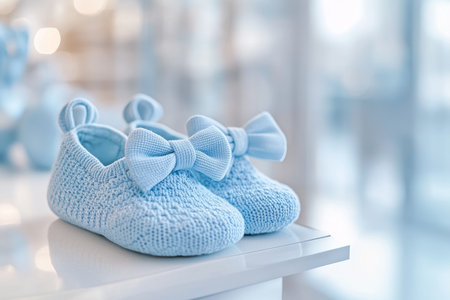 Adorable baby blue knitted shoes with bows showcased in a chic children s store settingの写真素材