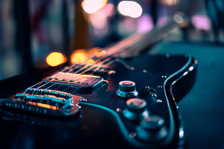 Close up of an electric guitar with soft bokeh and festival lights in dark blue color themeの写真素材