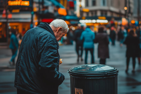 Elderly man disposes waste in urban setting amidst a busy city street scene with blurred pedestriansの写真素材