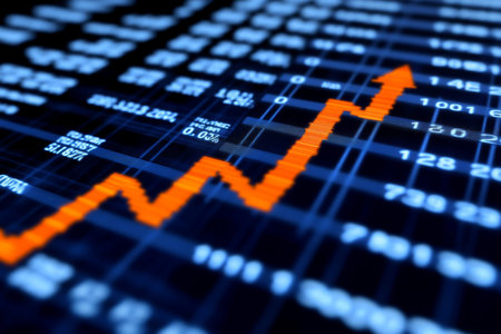 Close up of stock market graph with blue background and orange upward trend on blurry black canvas