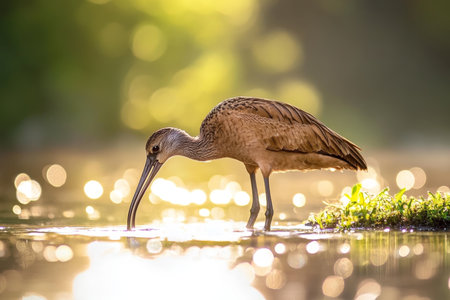 Stunning jarina jayakara bird drinking water amidst sunlit bokeh background in captivating shotの写真素材