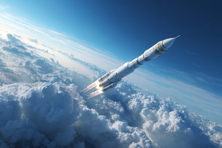 Futuristic rocket soaring through the sky  a high speed space travel concept with earth and clouds