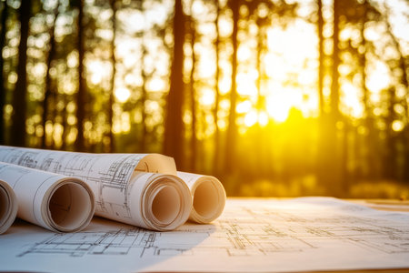 Blueprints and architectural drawings on construction table with blurry forest at golden hourの写真素材