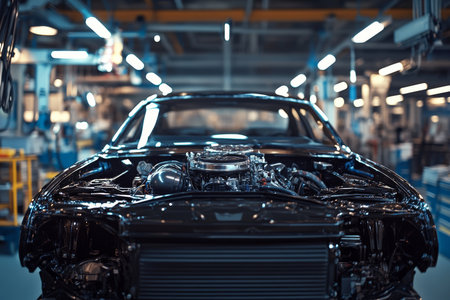 Close up of engine in modern car service center with tools and professional atmosphereの写真素材