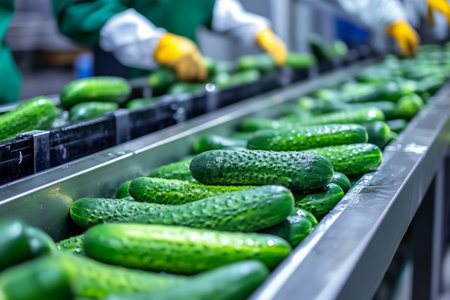 Workers in protective gear harvest fresh cucumbers at a modern food production facilityの写真素材