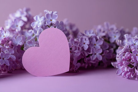 Pink heart shaped paper on lilac flowers with pastel purple background for text or design spaceの写真素材