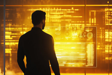 Man engaged with futuristic interactive screen in dimly lit advanced research facilityの写真素材