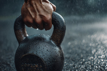 Close up of a man s hand gripping a kettlebell amid rainy weather for home fitness trainingの写真素材