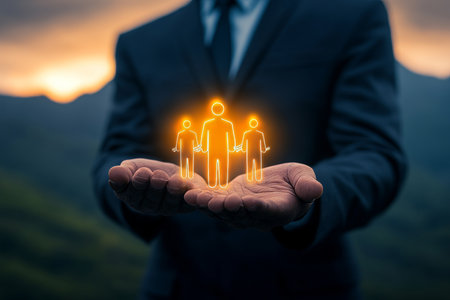Businessman showcasing virtual human icon symbolizing human resources and team collaborationの写真素材