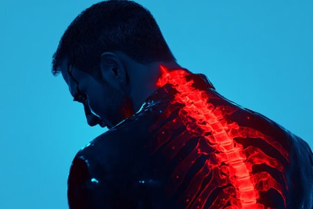 Realistic 3d visualization of male human with back pain highlighting lower spine in x ray formatの写真素材