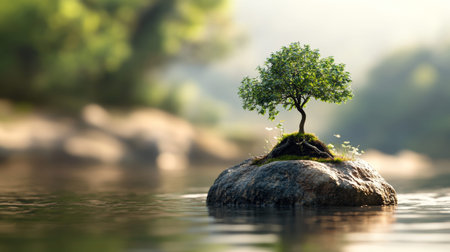 Hyper realistic 3d render of a miniature bonsai tree on a floating rock in a serene river landscape