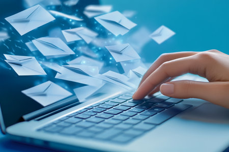 Concept of digital document management with laptop, icons, and ai technology for business solutionsの写真素材