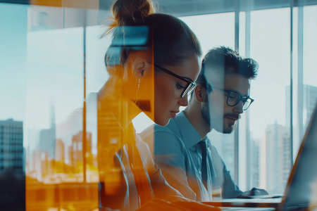 Dynamic collaboration among business professionals in a modern office with double exposure effectの写真素材