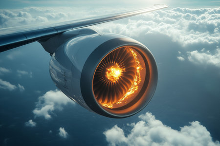 Close up of an airplane engine fire in flight against a blue and white sky background