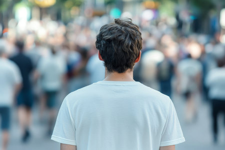 A young man observes the city life  embracing loneliness amidst a crowded urban sceneの写真素材