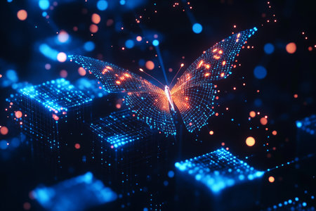 Abstract butterfly of glowing dots soaring above blue cubes symbolizing big data and ai technologyの写真素材