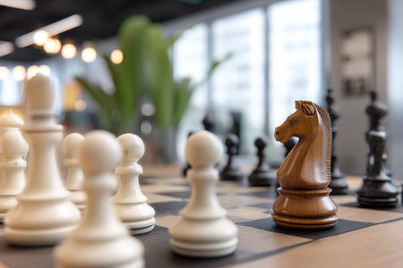 A wooden knight chess piece stands alone on a board in a modern office with soft lighting.の写真素材