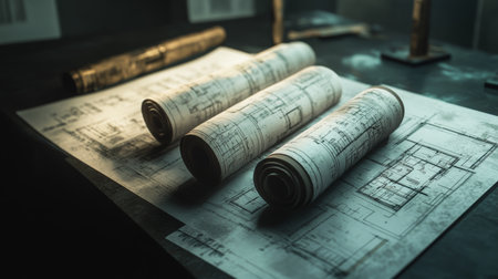 Detailed architectural blueprints on dark surface  a realistic photography showcase of design plansの写真素材