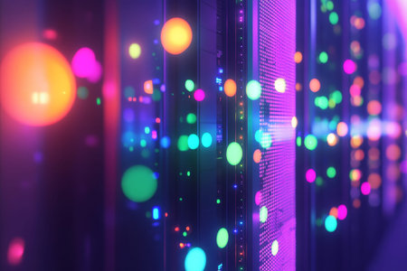 Close up of a server rack in a data center with colorful lights and abstract technology background