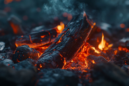 Serene campfire glow a close up of flames and wood in a forest at night for travel inspirationの写真素材