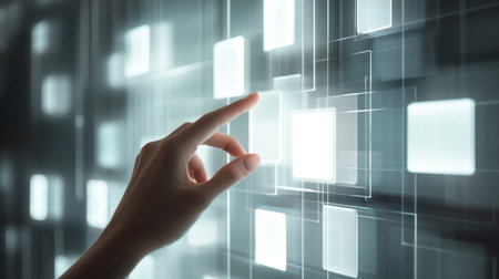 A hand pressing a white icon button amidst a futuristic background with transparent squares