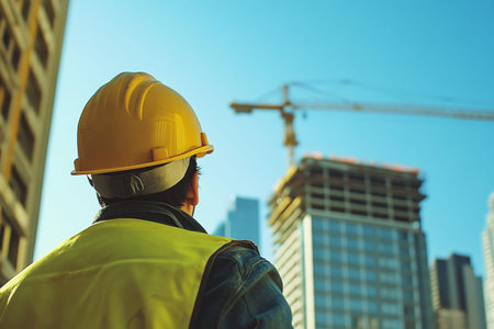 Construction worker in yellow hard hat at job site under clear blue sky with building behind